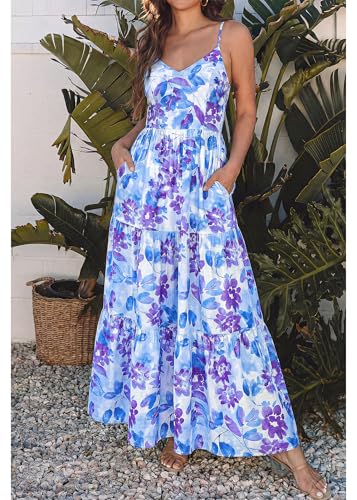 Image of KIRUNDO Sundresses for Women 2026 Spring Summer | Boho Floral Print Hawaiian Style, Sleeveless Spaghetti Strap, With Pockets, Beach Vacation Cruise Flowy Maxi Dress