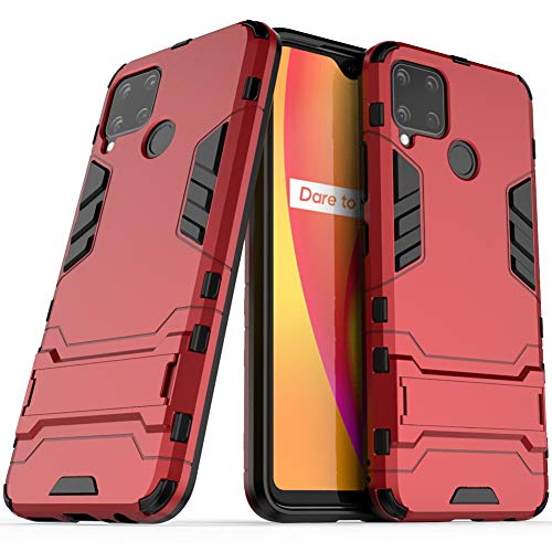 DWaybox Estuche para teléfono móvil para OPPO Realme C15 2in1 Armadura de Doble Capa Cubierta Trasera Resistente a Prueba de Golpes con Soporte -Rojo