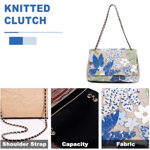 Image of Handmade Sequin Embroidery Straw Tote - Bohemian Shoulder Bag, Large Capacity, Perfect for Vacation, Travel, Daily Use & Banquets (Blue Flower)