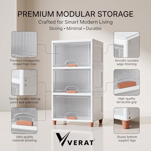 Image of VERAT 3 Tier Cupboard for Storage /Stackable Plastic Storage Cabinet /Foldable Wardrobe for Clothes /Multipurpose Storage Organizer /Closet for Bedroom /Living Room /Kitchen (Transparent & White)