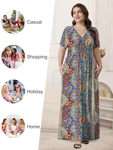 Image of PEVRL Plus Size Summer Maxi Dress for Curvy Women with Pockets 1X-5X | Short Sleeve, Twisted Front V-Neck, Summer Casual A Line Flowy Dress, Empire Waist Floral Print Beach Vacation Long Dress