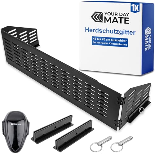 Blocco di sicurezza per bambini, estensibile da 45 a 70 cm, nero, set con blocco di sicurezza per bambini della porta del forno, griglia di protezione della cucina con alette laterali incernierate