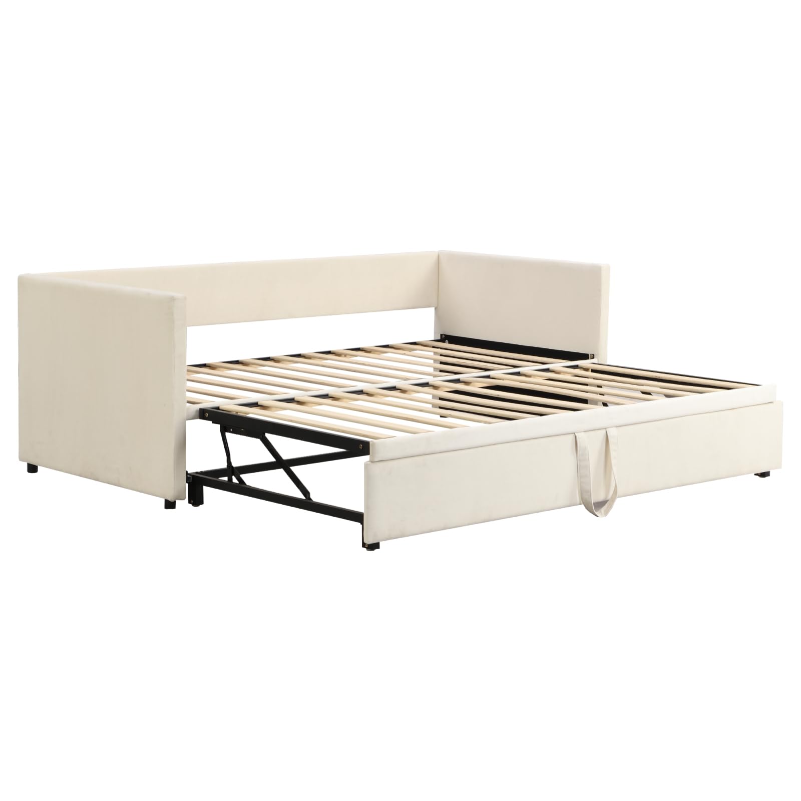 Canapé-lit Rembourré Extensible 90/180x200cm - Velours Beige, Sommier à Lattes, 3 Configurations, Idéal Petit Espace
