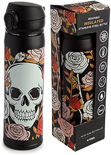 Puckator Reusable Skulls & Roses Insulated Hot & Cold Drinks Bottle, Leakproof Thermal Travel Flask, 500ml, Stainless Steel Double Walled, BPA Free PVC, Cool for 24 Hours & Warm for 12 Hours