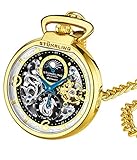 Stuhrling Orignal Mens Pocket Watch Automatic Watch Skeleton Watches for Men -Gold Pocket Watch - Mechanical Watch with Belt Clip and Stainless Steel Chain -Dual Time AM/PM Subdia