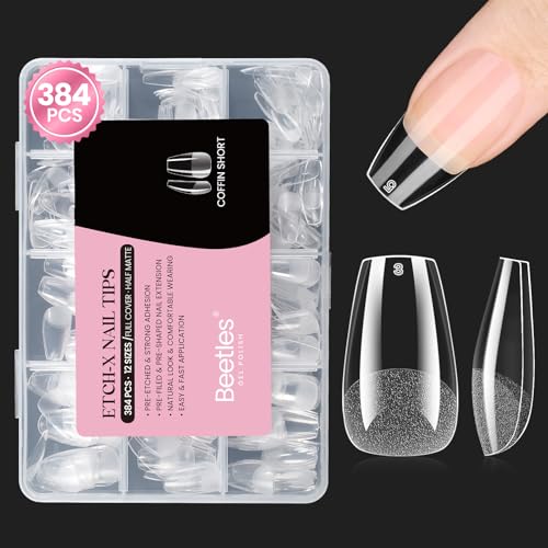Image of Beetles Gel Nail Tips Etch-X- Coffin Short, 384pcs 12 Sizes Pre-Etched