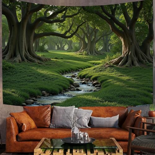 Tapices de pared para dormitorio en tela verde esmeralda con diseño de paisaje natural