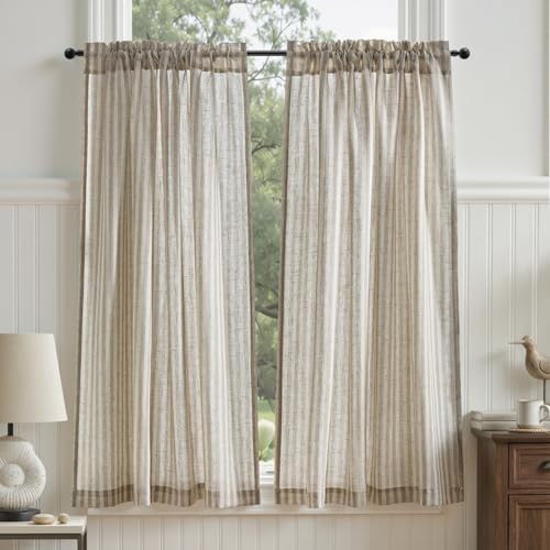 TOPICK Rideau Cuisine Brise Bise, Rideaux Court a Rayure, Lot de 2 Gris sur Beige 90L x 115H cm, à Passe Tringle, Parfait Decration pour sous Evier Fenêtre...