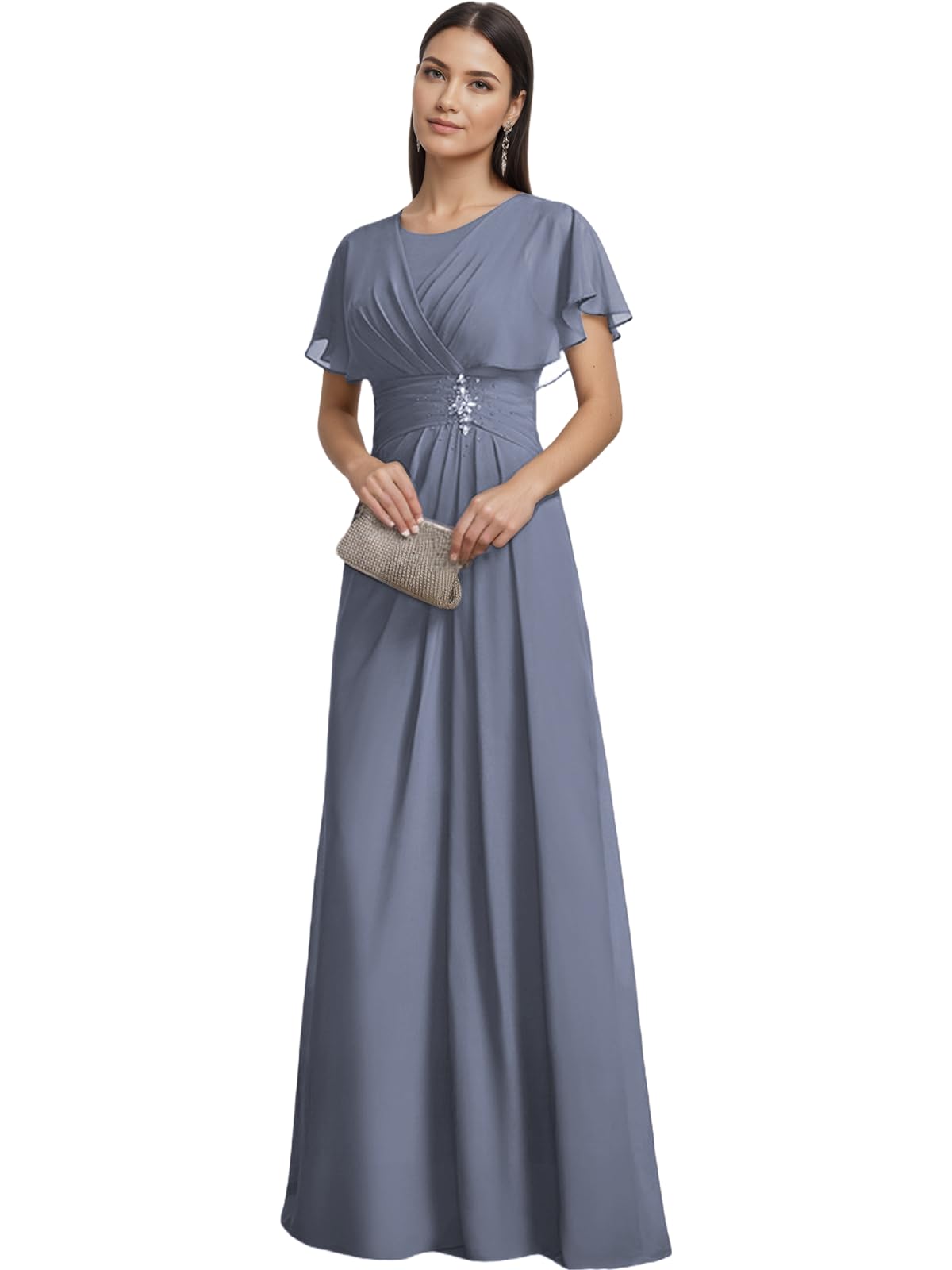 Elegant Chiffon Mother of The Bride Dresses for Wedding with Short Sleeves Long Ruffled Grandmother of The Groom