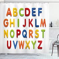 ABAKUHAUS Letters Shower Curtain, Multicolored Pattern of Alphabet Letters Education Image Capital Writing, Cloth Fabric Bathroom Decor Set with Hooks, 78 Inches, Multicolor
