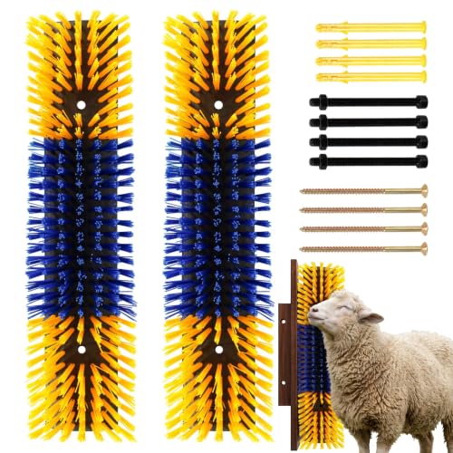 2Pcs Livestock Scratching Brush for Cow Horse Goat & Sheep - PBT High Elastic Bristles Design Animal Grooming & Itch Relief Brush for Barn Entrance Fence Corner & Feeding Area