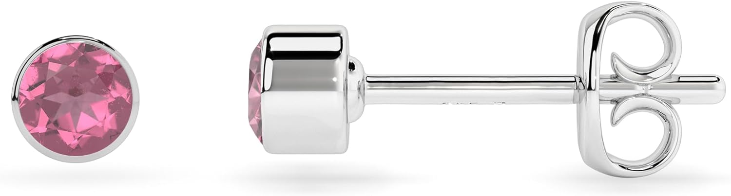 Natural Pink Tourmaline Stud Earrings for Women in Sterling Silver, October Birthstone Jewelry Gifts for Her Birthday, Anniversary, Graduation, Christmas (Round/Pear/Oval, Bezel Set)