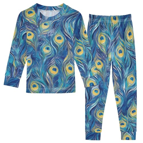 Fustylead Painted Style Peacock Feather Cotton Pajamas Long Sleeve Sleepwear Lounge Set