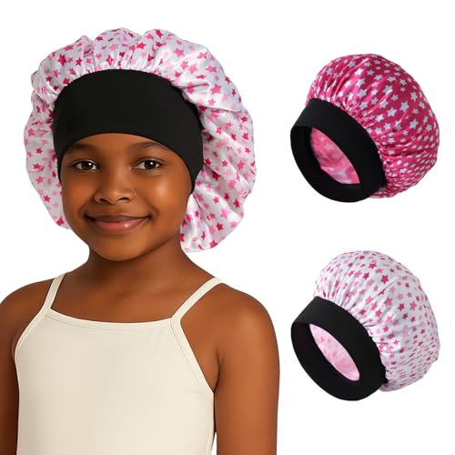 ZHENSILK 2PCS Kids Satin Sleep Bonnet for Girls Soft Hair Cap for Sleeping Toddler Bonnet for Curly Hair (US Alpha X-Small Small Color-A Pink)