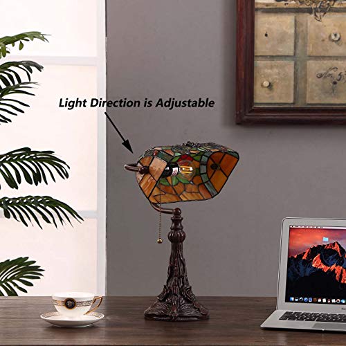 Bieye L10308 Dragonfly Tiffany Style Stained Glass Banker Desk Table Lamp With 10-Inches Wide Lampshade For Reading Working, 16 Inches Tall (Amber) #TOP4