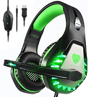 Pacrate Gaming Headset for PS4 PS5 Switch Xbox One Headset with Noise Cancelling Mic Wired Headset with LED Light for Mac Laptop PC Gaming Headset Soft Memory Earmuffs,Black Green