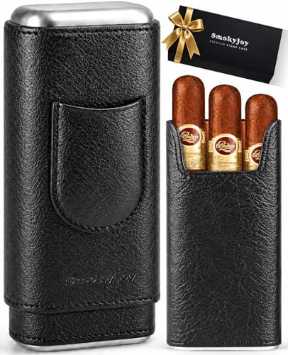 Luxury Black Leather Cigar Case Travel Humidor, Cedar Wood Lined Gift Set