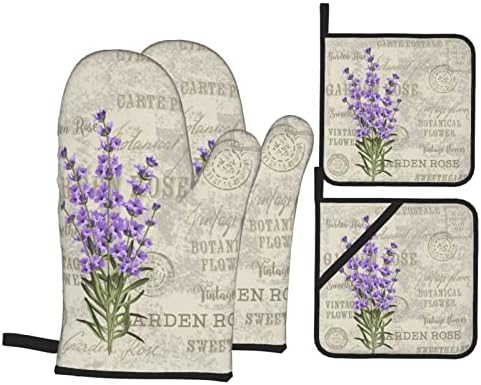 Lavender Flowers Elegant Postcard Vintage Oven Mitts and Pot Holders Sets of 4 High Heat Resistant Oven Mitts with Oven Gloves and Hot Pads Potholders for Kitchen Cooking BBQ Non-Slip Cooking Mitts