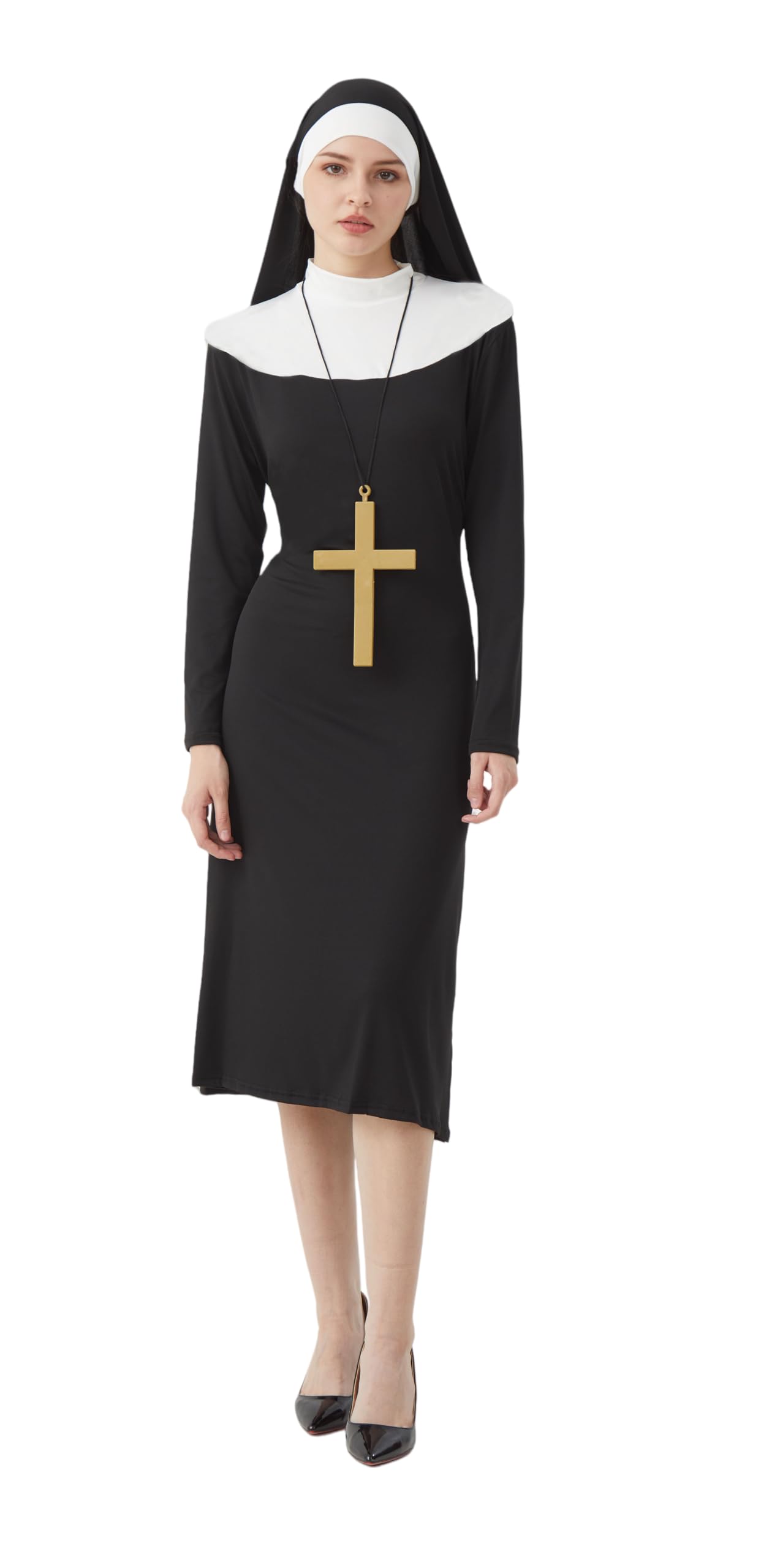 Esaleely Halloween Nun Costume Woman, Nun Costume Dress Set Adult, Nun Outfit+Nun hat+ Cross Pendant for Cosplay Party