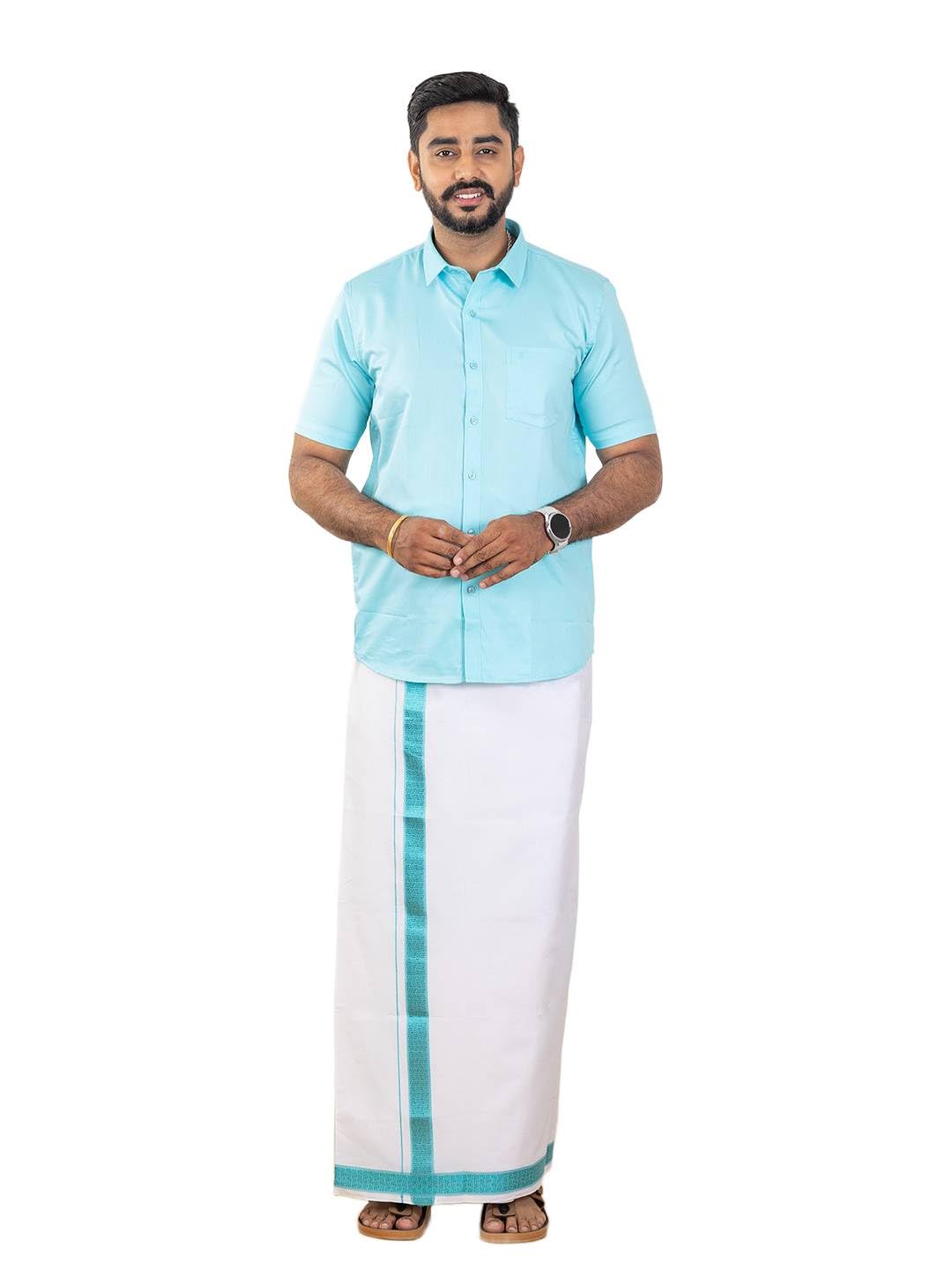 ramraj cotton Men 100% LUXE Cotton Shirt and Fancy Border Dhoti Set-picture-15