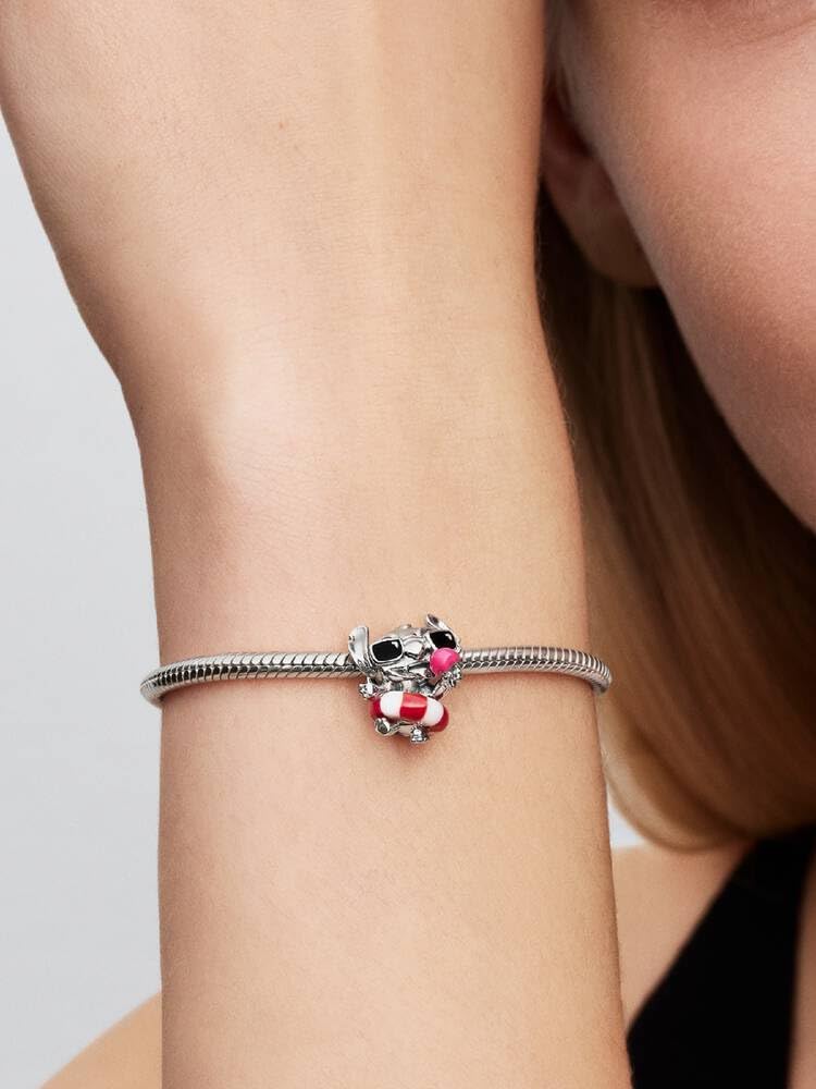Disney Stitch Sterling Silver Charm with White and Red Murano Glass, Black and Pink Enamel