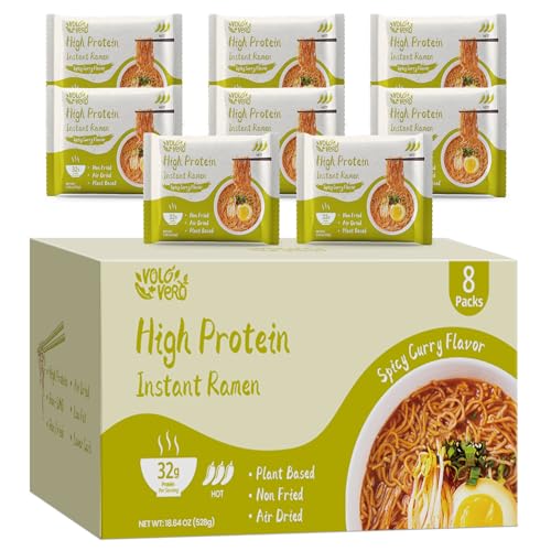 Image of VOLO VERO High Protein (32g) Instant Ramen Noodles inchSpicy inch Curry Flavor Soup, 8 Pack, Vegan, Plant-Based, Low Fat, Non-Fried, Dairy-Free, Egg-Free, Non-GMO, Tasty Healthy Meal