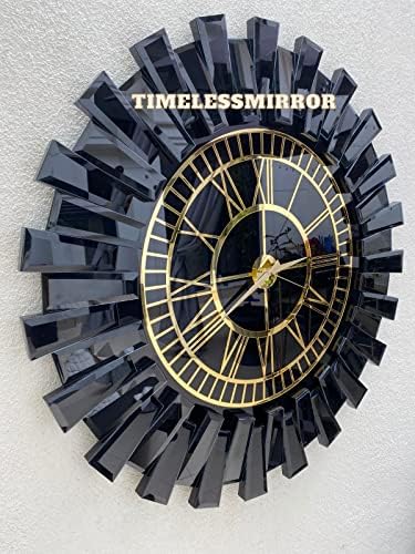 Black Large Wall Clock, Real Mirror Clock,Gold Colored Numerals on a Black Colored Mirror (Black-Gold, 19.7)