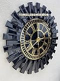 Black Large Wall Clock, Real Mirror Clock,Gold Colored Numerals on a Black Colored Mirror (Black-Gol