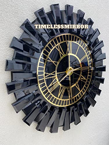 Black Large Wall Clock, Real Mirror Clock,Gold Colored Numerals On A Black Colored Mirror (Black-Gold, 19.7) #TOP2