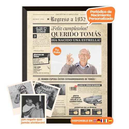 Periódico de cumpleaños 1952 – póster personalizado año nacimiento con foto, nombre y mensaje – regalo original para hombre o mujer 73 años – estilo vintage con marco opcional – recuerdo inolvidable
