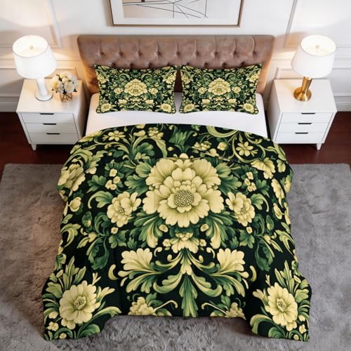 Genérico Edredón Nórdico 180 x 220 cm Estampado Vintage Floral Y Damasco Trapunta con Acolchado en Rombos, Microfibra Premium 4 Estaciones – Antiapelmazamiento, Set de Cama 3 Piezas, Amarillo Verdoso