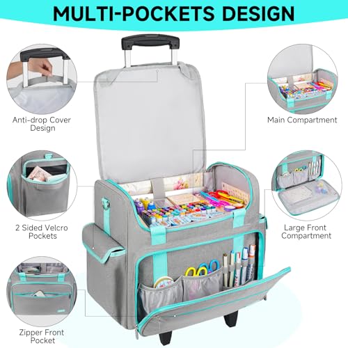 Image of Rolling Craft Bag, Craft Bag with Wheels for Scrapbook Supplies, Large Scrapbook Tote with 15.6'' Laptop Sleeve, Rolling Art Supply Storage for Scrapbooking Tools, Gray