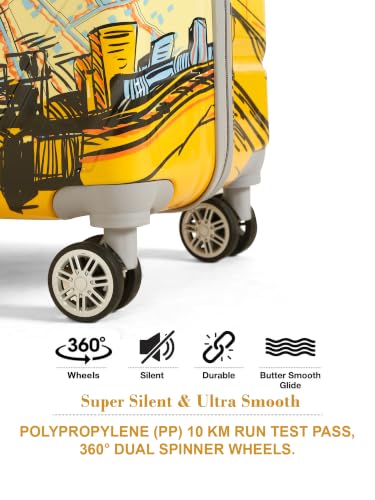 Image of Teakwood Premium Polypropylene Hard Case Printed Trolley Bag, Lightweight Unbreakable Luggage, 360 Dual Spinner Wheels, Side Combination Lock, Smooth Glide,Yellow, Medium