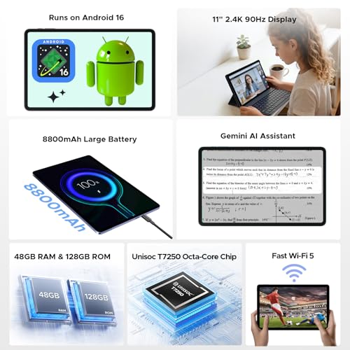 Image of P11 Pro 11 Inch Tablet with Android 16 & Gemini AI, 48GB RAM+128GB ROM /2TB, T7250 Octa-Core, 8800mAh /18W, 120Hz, 5MP+13MP, GPS, FM, Face ID,OTG,5G WiFi, Tablet with Keyboard Stylus