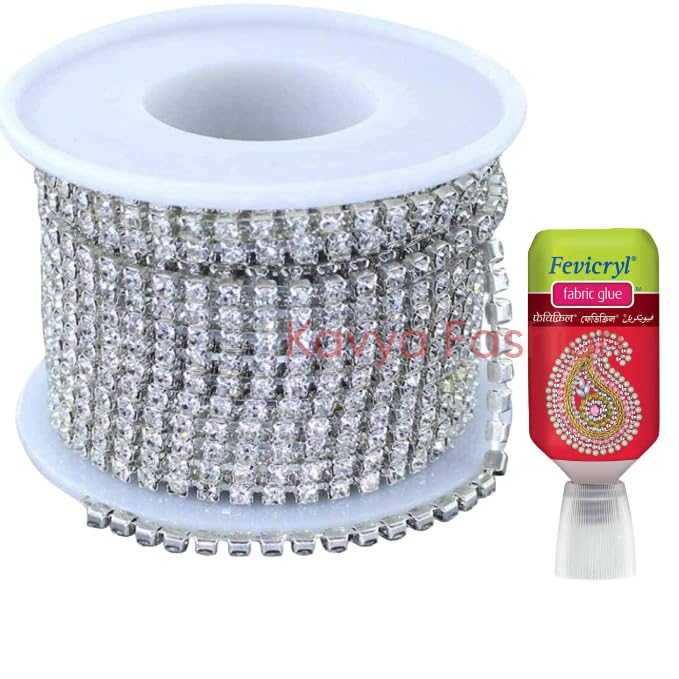Kavya Fashion Silver Diamond Chain for Embroidery, Aari Work, Maggam Work, Jewellery Making, for Saree & Lehanga{Free Fabric Glue Cone & Storage Box} (Silver, 5)