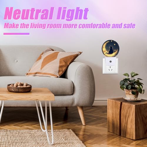 Image of Cat Moon Night Light Starry Sky Night Lights LED Lamp Round Plug into Wall Nightlight with Dusk to Dawn Sensor Home Hallway Stairway Kitchen Decor