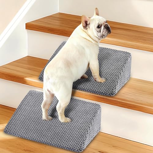 Dog Ramp for Stairs for Small & Senior Dogs and Cats – Non-Slip Stair Wedges for Dogs with Gentle Slope, Pet Ramp with Washable Cover & Self-Sticky Pads for Safe Climbing (Gray, 2 Pack)