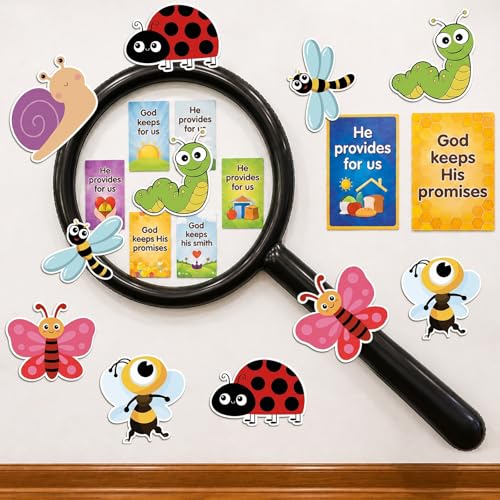 PullCrease 47.2 Inch Jumbo Inflatable Magnifier with 6 Pcs Cartoon Insect Cutouts Magnified Decoration Jumbo Inflatable Magnifier for Vbs Theme for Sunday School Science Camp