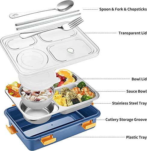 Image of Brand Conquer Lunch Box Leak-Proof BPA Free Stainless Steel for School, Lunch Box for School & Office with a Fork, a Spoon and a Pair of Chopsticks (Dark Blue, 4 Compartment)