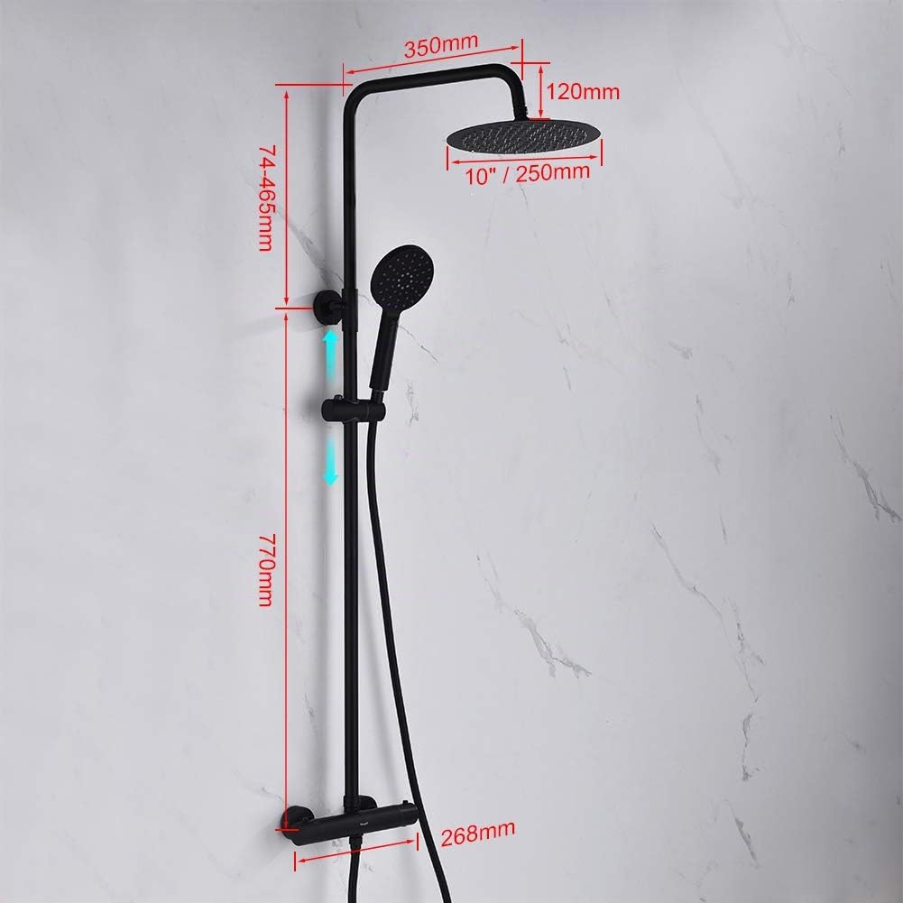 Ibergrif M21808B - Sistema de Columna de Ducha Termostática Redonda con Rociador, Alcachofa, Manguera, Barra Ajustable y Soporte, Negro