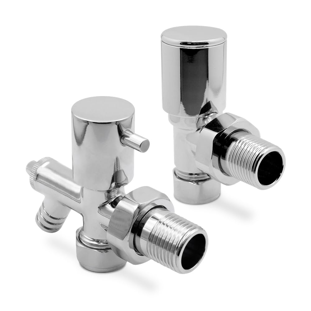 Chrome Drain Off Valve & Angled Chrome Valve (Pair) for Towel Rails & Radiators 15mm Pipe Connection