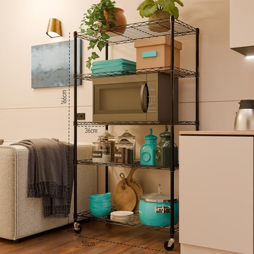 Image of 5-Shelves Wheels Heavy Duty Steel Storage Rack | Multipurpose Shelving Unit for Kitchen, Home & Utility (Black, 5 Shelves Wheels)