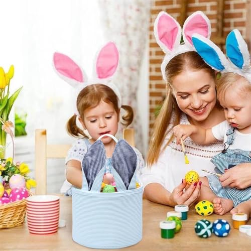 Image of Easter Basket Seersucker Egg Hunt Bunny Baskets for Kids with Cute Rabbit Ears Stripe Storage Gifts Candies Personalized Easter Party Gifts