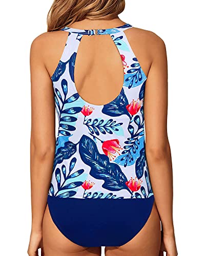 Yonique Two Piece High Neck Tankini Swimsuits for Women Tummy Control Bathing Suits Swimwear Blue Floral Print XXL - Image 2