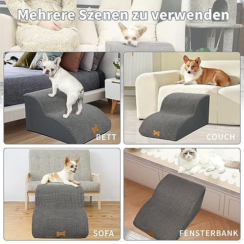 Nepfaivy Hundetreppe für Kleine Hunde 2-Stufig, Haustiertreppe für Bett und Sofa aus Hochdichtem Schwamm, Hunde Treppe Hunderampe mit Abnehmbarem, Waschbarem Bezug und Rutschfestem Boden, 55x40x30cm