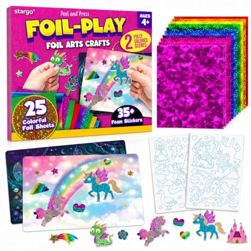 stargo 2 Scene Pack Foil Art Kit for Kids Fun Craft Set with Stickers & Foil Sheets Creative Arts & Crafts Activities for Gifts Birthday Party Girls Boys Ages 4-8 4-6 5 6 7 8
