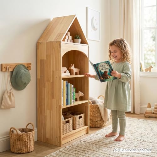 Image of OOOK Rubberwood Montessori Shelf, 4-Tier Toy Organizers and Storage, Wood Corner Cabinet for Kids Room, Playroom, Nursery, Classroom, Kindergarten