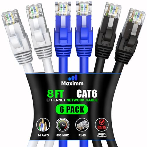 Maximm Cat 6 Ethernet Cable 8 Ft, (6-Pack) Cat6 Cable, LAN Cable, Internet Cable and Network Cable - UTP (Multicolor)
