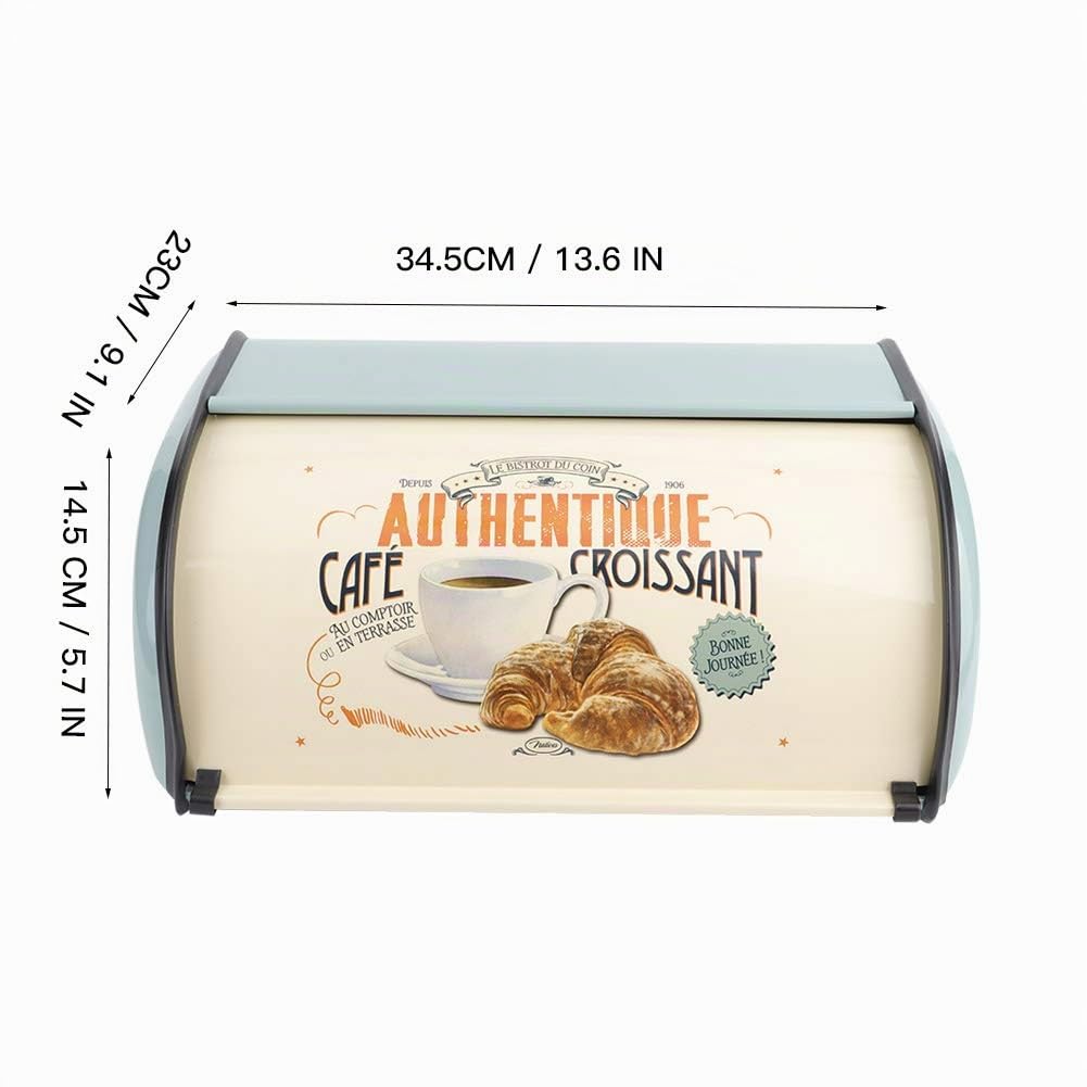 BORDSTRACT Metall Brotkasten, 34,5 x 23 x 14,5 cm Retro Brotbehälter aus Edelstahl für die Küche Rollbrotkasten Brotaufbewahrungsbox mit Deckel Vintage Design von Brot & Keksen und Trocken (Blau)