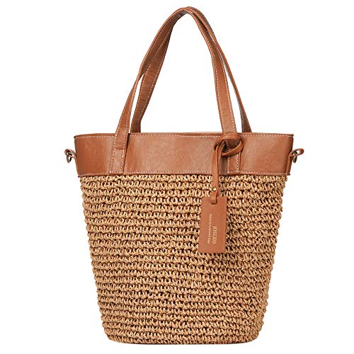Straw Handbag for Women, JOSEKO Weaving Shoulder Bag Outdoor Casual Cross Body Bag Top Handle Satchel Brown 12.60  L x 7.87  W x 11.02  H